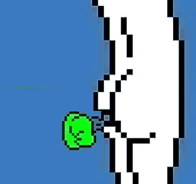 a pixel art drawing of a person holding a green object with the letter g on it