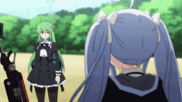 a girl with green hair is standing next to another girl