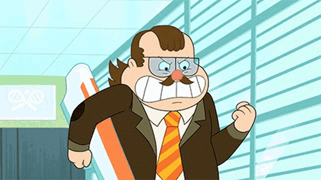 a cartoon character in a suit and tie is holding a box