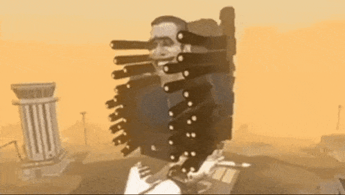 a man is sitting in a chair with a bunch of knives coming out of his face .