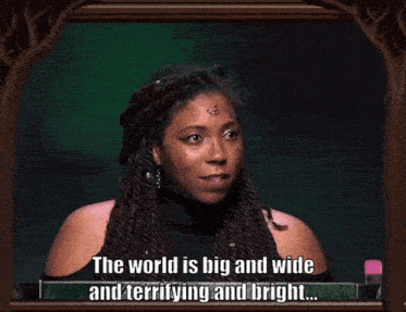 a woman says " the world is big and wide and terrifying and bright " in front of a picture frame