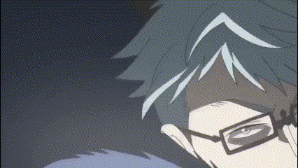 a close up of a person wearing glasses and a blue hair