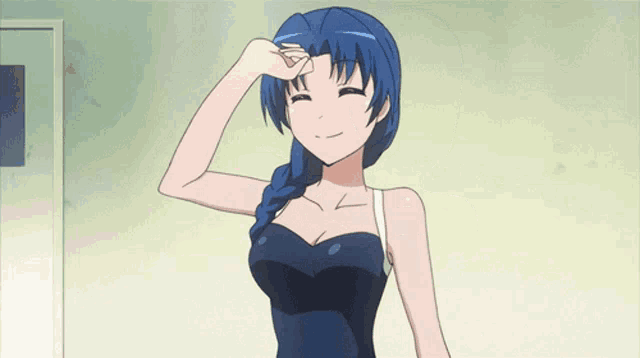 a girl with blue hair and braided hair is smiling