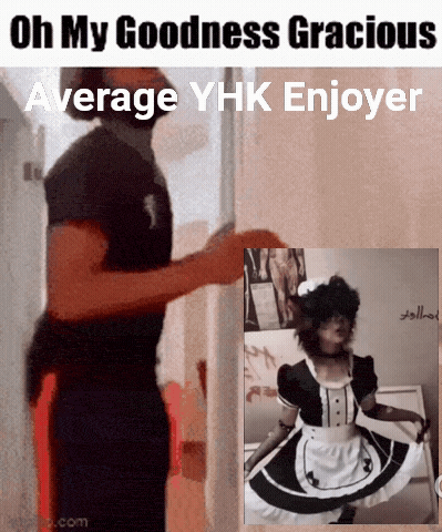 a man is standing next to a picture of a woman in a maid costume