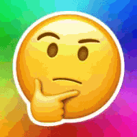 a yellow smiley face with a hand on its chin on a rainbow background