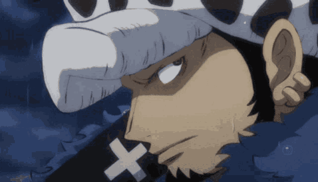 a close up of a man 's face with an x on his hat