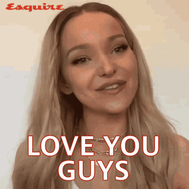 a woman says " love you guys " in red text