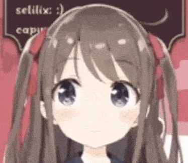 a close up of a cute anime girl with long brown hair and red bows in her hair .