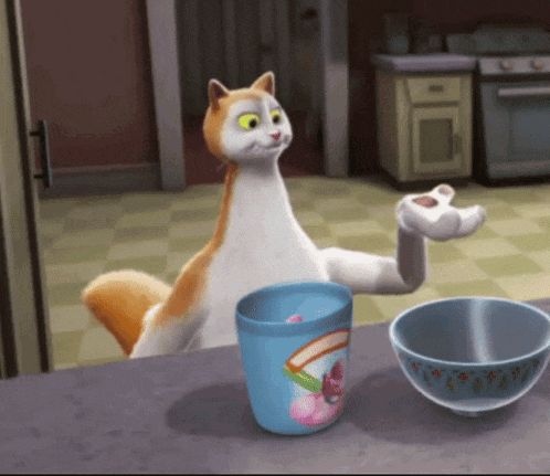 a cat is sitting on a counter next to a cup that says ice cream