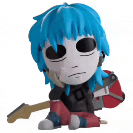 a cartoon character with blue hair and a guitar is sitting on the floor .