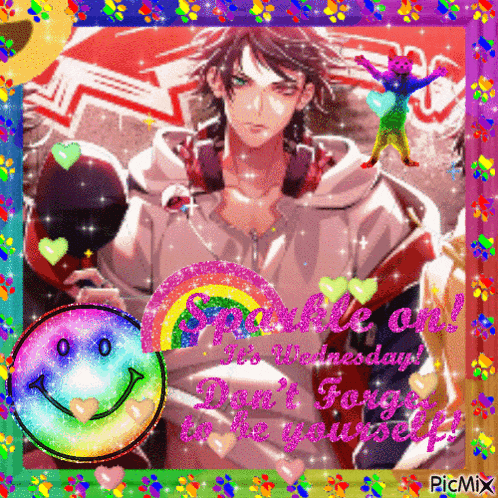 a picture of a boy with headphones and a smiley face with the words " sparkle on wednesday "