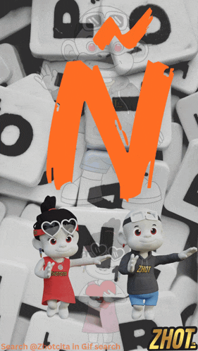 a picture of a boy and a girl with the letter n in orange
