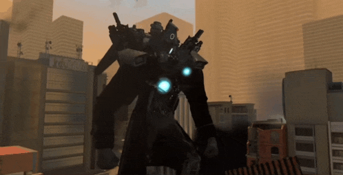 a robot is standing in front of a building that says ' tokyo ' on it