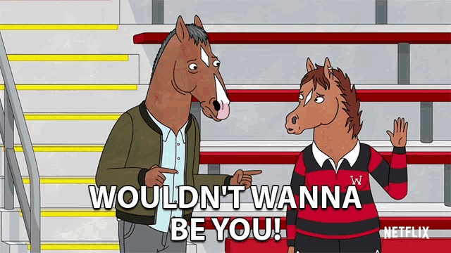 a cartoon of two horses standing next to each other with the words would n't wanna be you