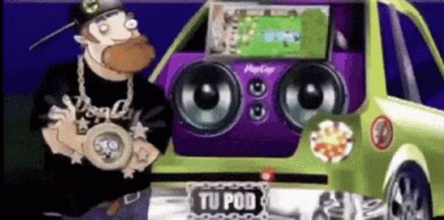 a cartoon character is standing next to a green car with a purple speaker and a license plate that says tu pod