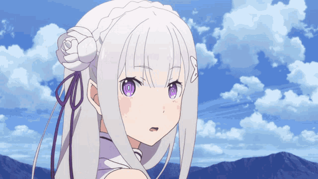an anime girl with white hair and purple eyes