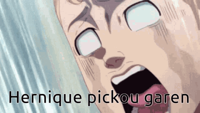 a close up of a man 's face with the words hernique pickou garen written above it
