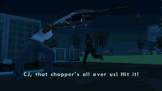 a video game scene with a man standing in front of a helicopter that says rapd