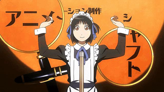 a girl in a maid outfit is holding a microphone in front of a sign that says アニメ