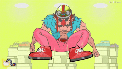 a cartoon of a man wearing a helmet and pink pants is sitting on a brick wall