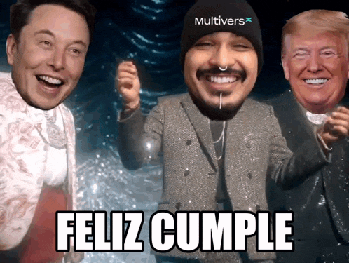 elon musk donald trump and a man with a beanie that says multivers on it
