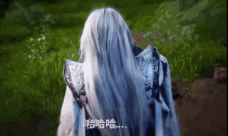 a person with long white hair is wearing a blue coat