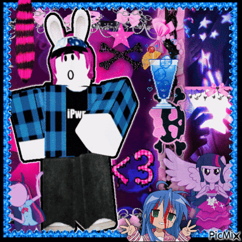 a picture of a roblox character with a bunny hat and a drink with the number 3 on it