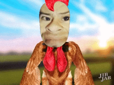 a picture of a chicken with a man 's face on it and jib jab written below it