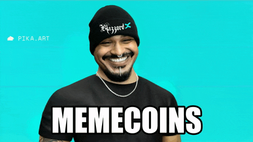 a man wearing a beanie and a black shirt with memecoins written on the front