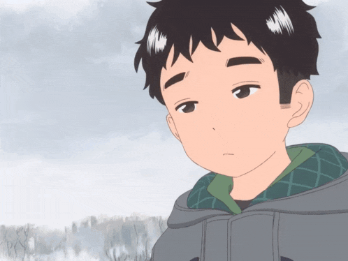 a cartoon of a boy wearing a grey hoodie and a plaid shirt