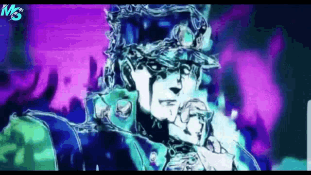jojo 's bizarre adventure stardust crusaders is a cartoon character with a purple and blue background .