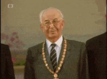 a man in a suit and tie is wearing a necklace