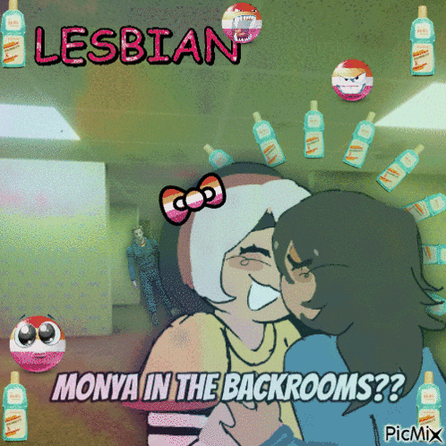 a cartoon of two girls kissing with the words lesbian monya in the backrooms