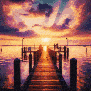 a sunset over a dock with people fishing