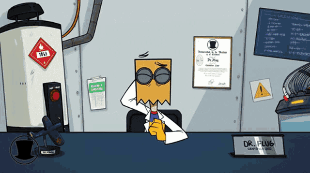 a cartoon character with a paper bag on his head sits at a desk with a sign that says dr. plug