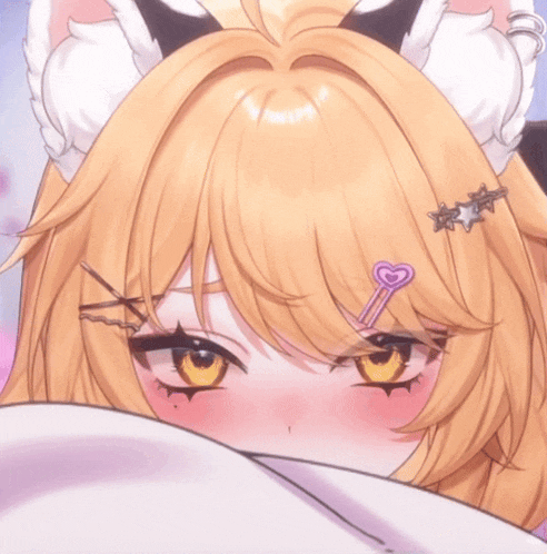 a close up of a anime girl with a heart shaped hair clip in her hair