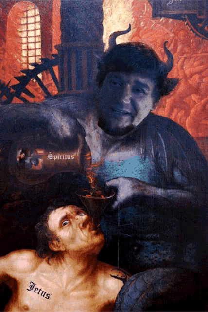 a painting of a demon pouring spiritus into a man