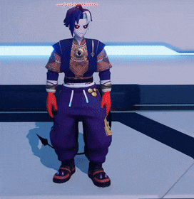 a cartoon character with purple pants and red gloves is standing on a white floor