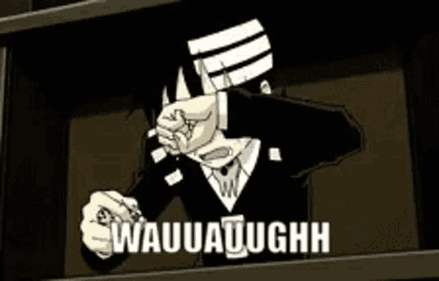 a cartoon of a man in a tuxedo giving a thumbs up with the words wauuauughh below him