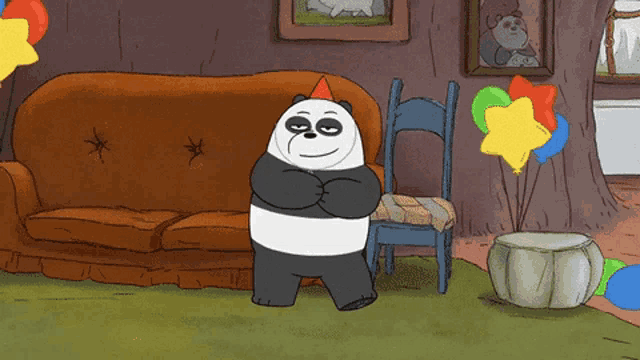 a panda bear wearing a party hat is standing in front of a couch and chair with the word finato written on the bottom