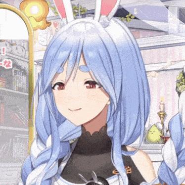 a girl with long blue hair and bunny ears