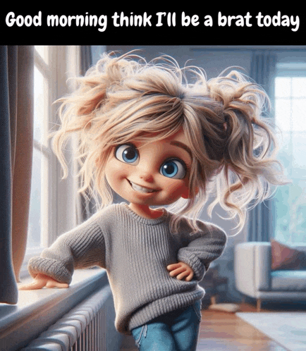 a picture of a little girl with the words good morning think i 'll be a brat today on the bottom