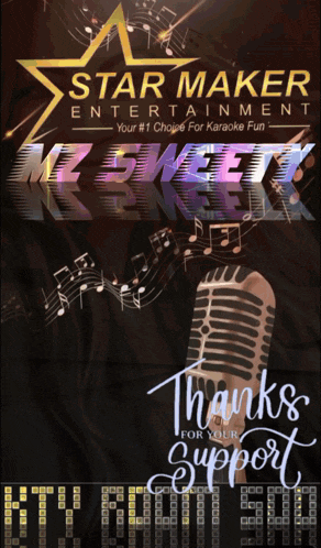 a poster for star maker entertainment with a microphone and music notes