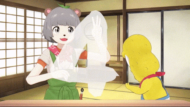 a cartoon of a girl holding a piece of paper next to a yellow bear