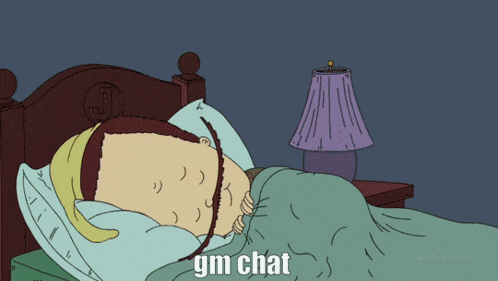 a cartoon of a man laying in bed with the words gm chat above him