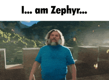a man in a blue shirt is standing in front of a mountain and the words i am zephyr