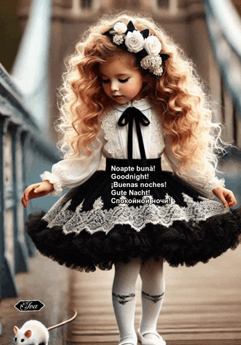 a little girl in a black and white dress is standing next to a small mouse
