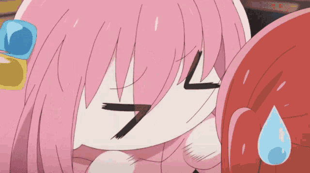 a cartoon girl with pink hair has a tear coming out of her eye