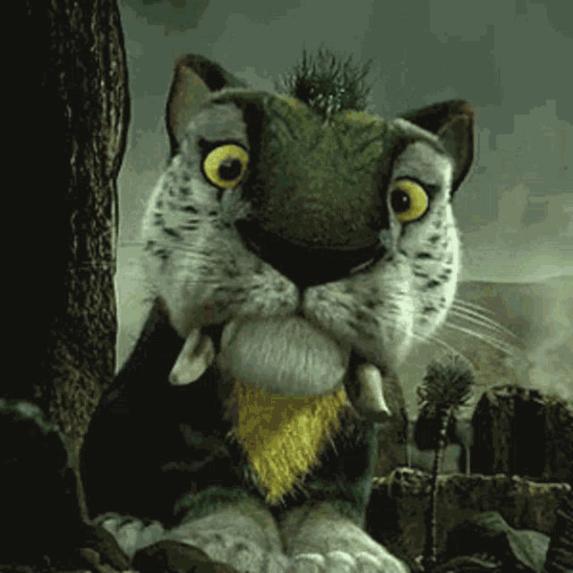 a cartoon cat with a plant on its head looks at the camera