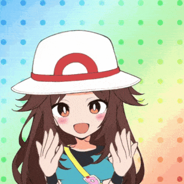 a cartoon girl wearing a white hat with a red circle in the middle